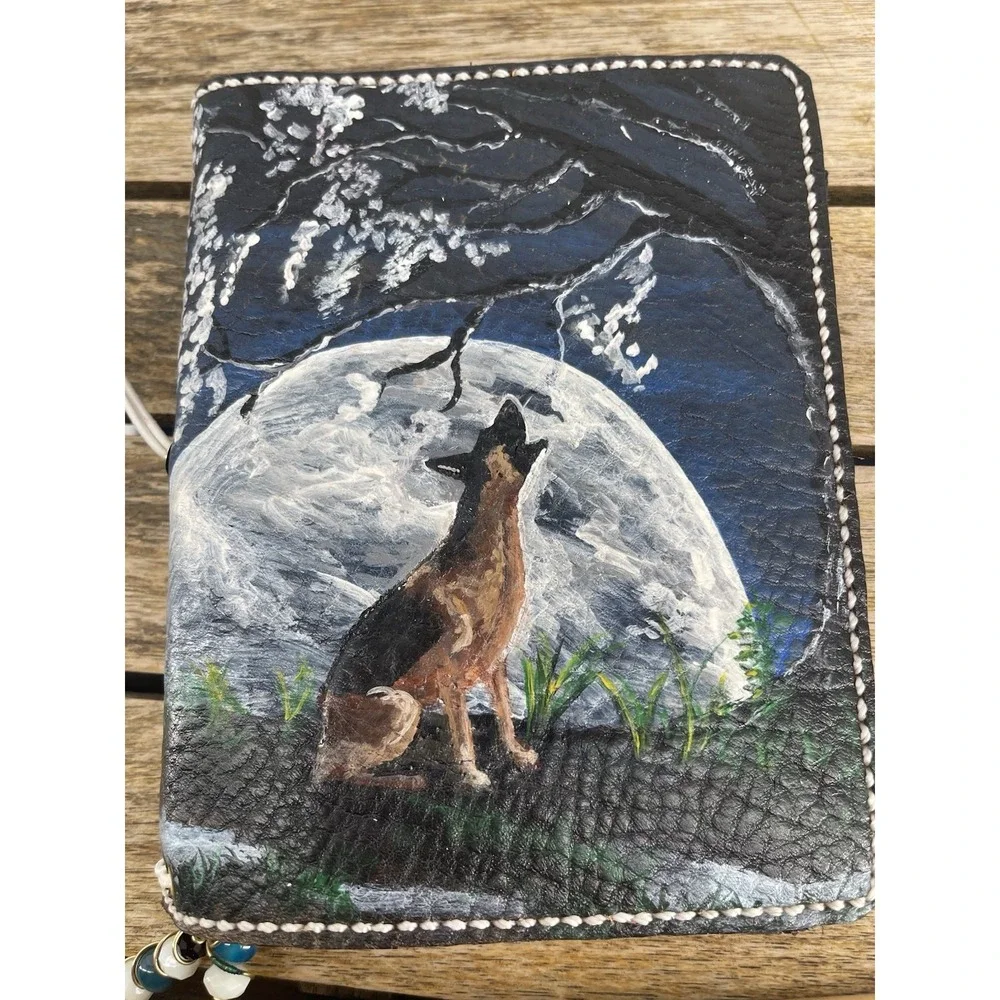 Hand Painted Leather Journal Wolf Moon Handmade Notebook Sketchbook